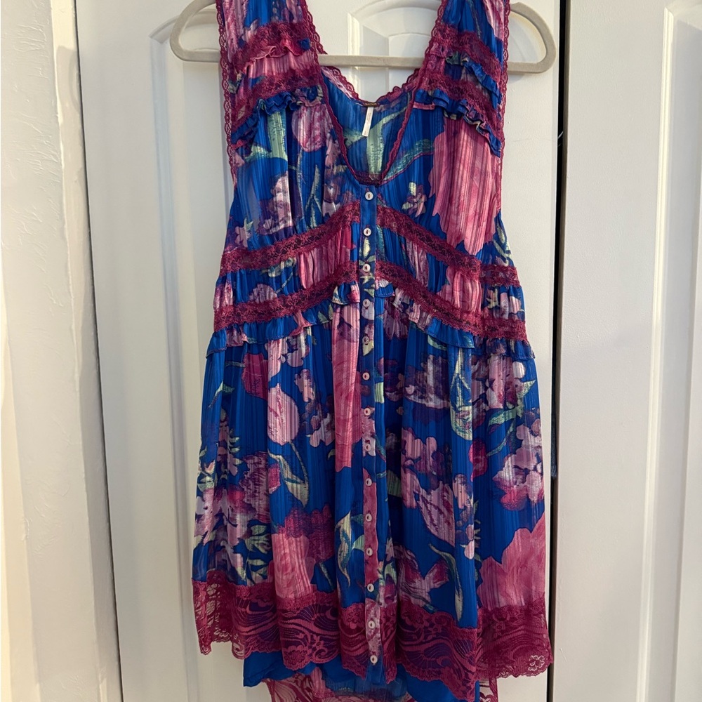 Free People Spring Fling Mini Dress | Blue and Pink Ruffled Tiered Tank Top